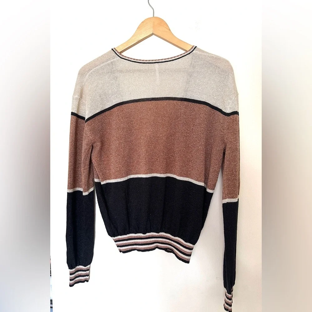 Free People‎ Sweater - Sz Medium - Deep V-Neck - Color Block - Gold Dust